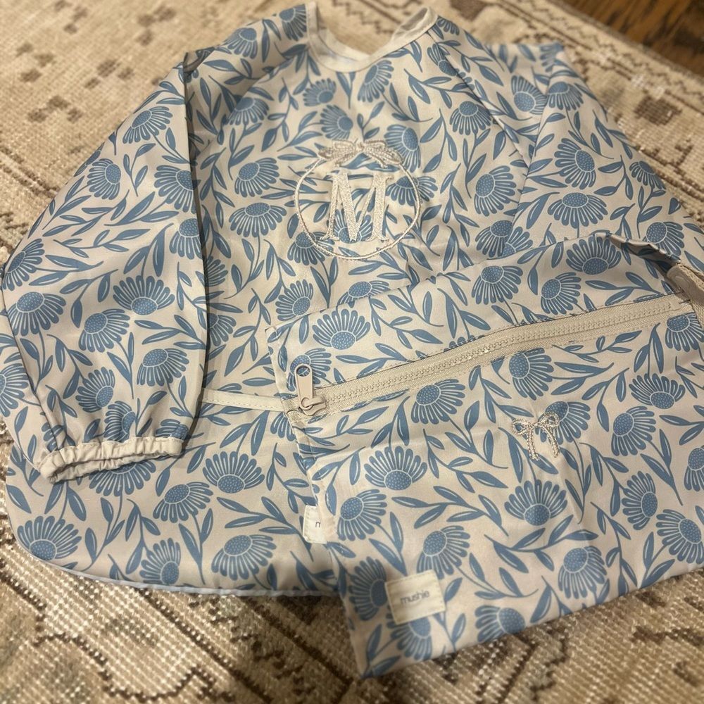 Mushie Custom “M” Monogram Smock Bib and Travel Pouch Size 6-24M